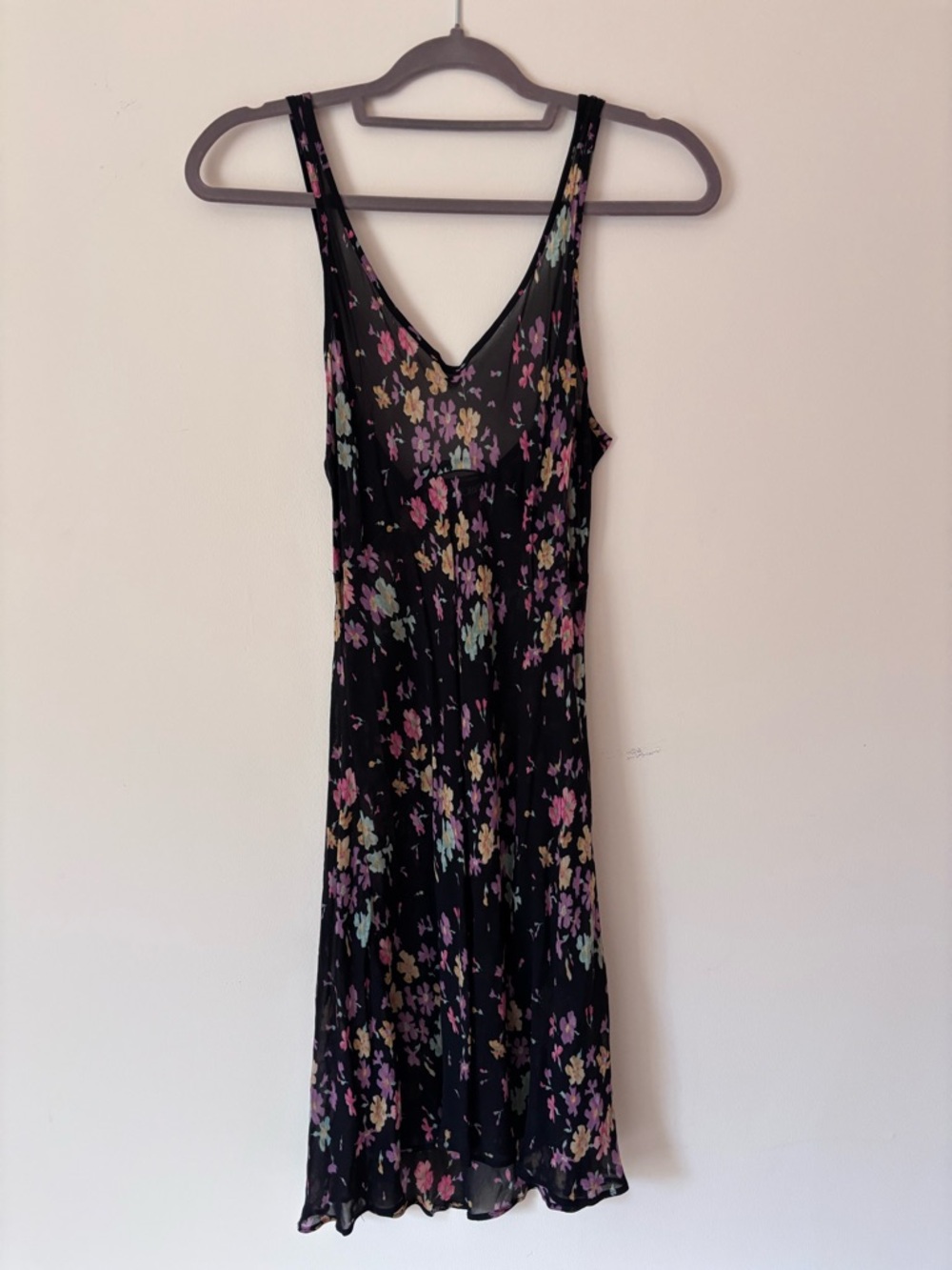 Vintage Betsey Johnson Black Floral Slip Dress with Pastel Accents